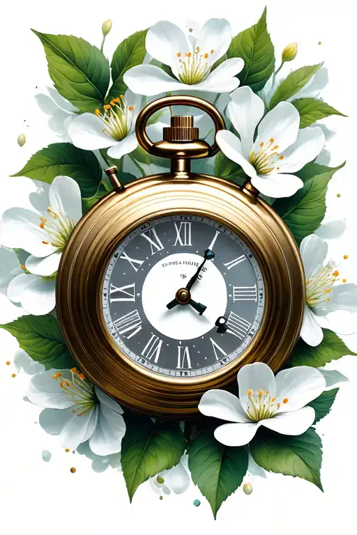 stop watch with time and dogwood flower blooming tattoo design idea