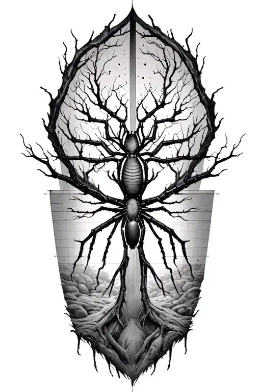 replace tree with spider, vertical axis, mathematical theme, geommetry tattoo design idea