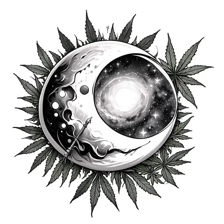 sun and moon arrow with galaxies and marijuana leaves on background tattoo design idea