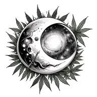 sun and moon arrow with galaxies and marijuana leaves on background tattoo design idea