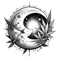 sun and moon arrow with galaxies and marijuana leaves on background tattoo design idea