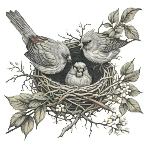male & female cardinals in a nest with branches & flowers tattoo design idea