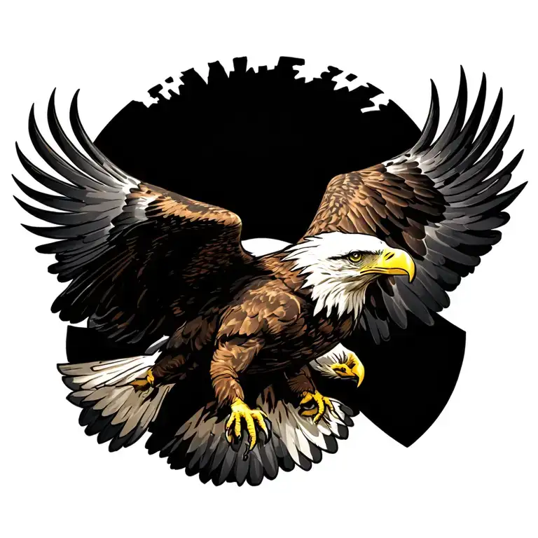 A powerful bald eagle swooping down, wings spread wide, eyes focused, symbolizing strength, freedom, and fearlessness. tattoo design idea