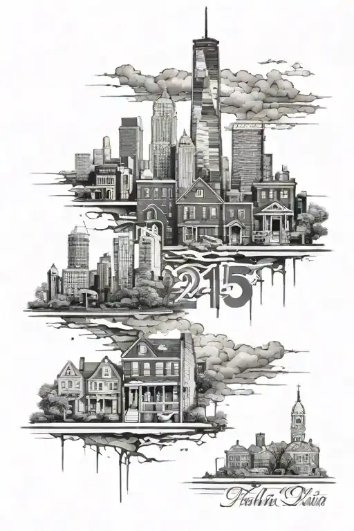 Philly skyline with and broken row home and it having the numbers 215 tattoo design idea