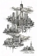 Philly skyline with and broken row home and it having the numbers 215 tattoo design idea