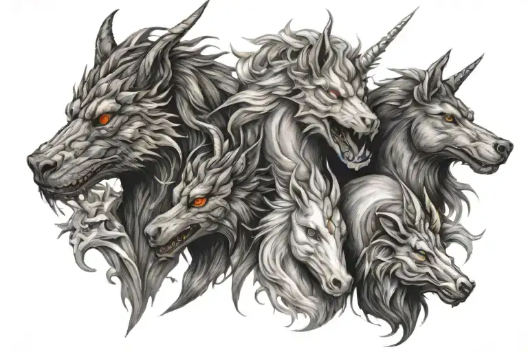 1Dragon,1 unicorn,1 phoenix and wolf. tattoo design idea