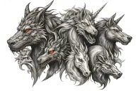 1Dragon,1 unicorn,1 phoenix and wolf. tattoo design idea