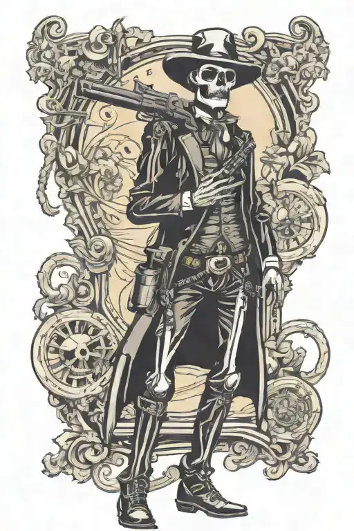 full body tall skinny skeleton western gun slinger with a mustache and one arm behind back tattoo design idea