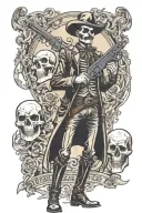 full body tall skinny skeleton western gun slinger with a mustache and one arm behind back tattoo design idea