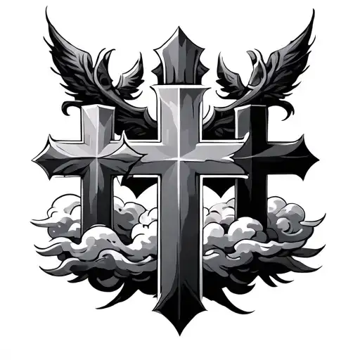 3 staggered crosses with clouds at the bottom part tattoo design idea
