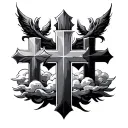 3 staggered crosses with clouds at the bottom part tattoo design idea