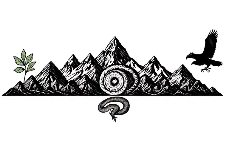 Peruvian mountain range with 3 coca leaves and pachamama spiral and surrounded by a cougar and a snake and a condor tattoo design idea