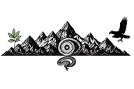 Peruvian mountain range with 3 coca leaves and pachamama spiral and surrounded by a cougar and a snake and a condor tattoo design idea