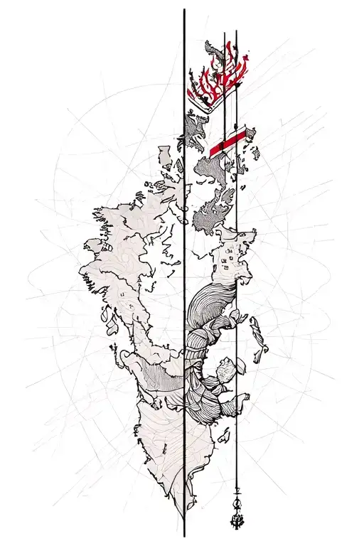 Minimalist vertical tattoo design running along the triceps, featuring symbolic representations of countries: Russia at  tattoo design idea