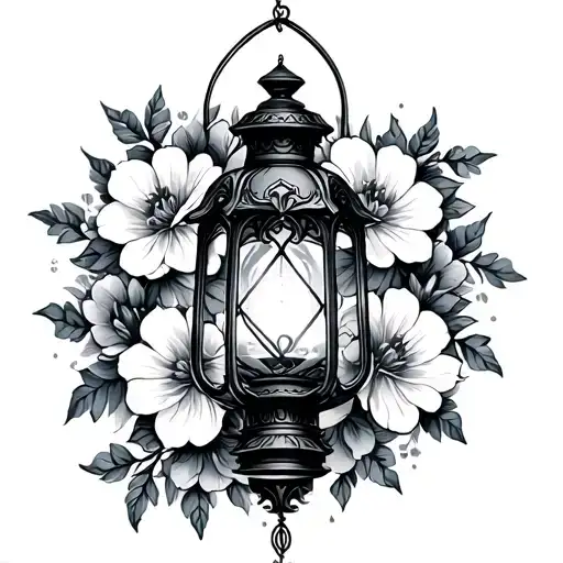 gothic lantern surrounded by flowers tattoo design idea