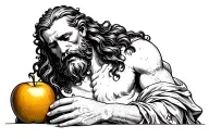 Create an artwork of King Midas with long hair, a long beard, very thin, malnourished, holding a golden apple and crying tattoo design idea