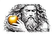 Create an artwork of King Midas with long hair, a long beard, very thin, malnourished, holding a golden apple and crying tattoo design idea