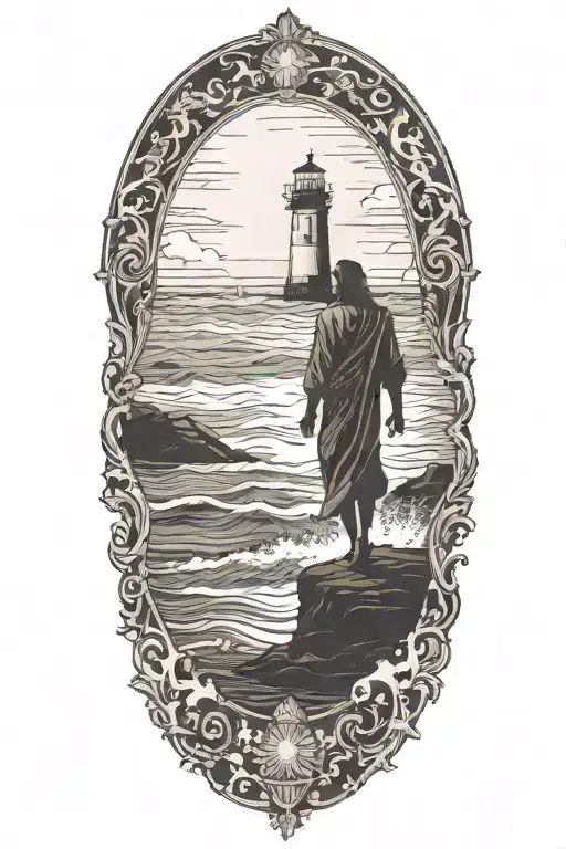 A Silhouette Of muscular Jesus Walking On Water towards a distant Lighthouse, realistic, veiw from the back,  tattoo design idea