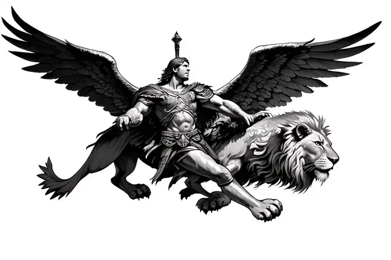 guardian angel warrior with lion and eagle soaring tattoo design idea