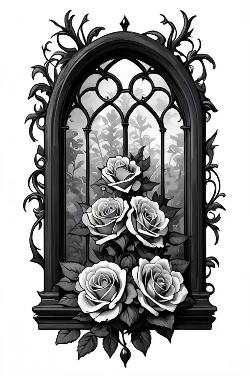 gothic window and roses wrapped tattoo design idea