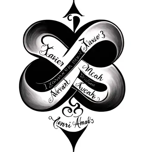 Infinity design with 5 names written 1. Xavier 2. Micah 3. Zurianne 4. Nevach5. Amari tattoo design idea