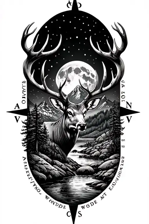 mountains with a stream, moonlight, torn u.s flag, big mule deer buck, and bold not all who wonder are lost compass  tattoo design idea