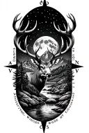 mountains with a stream, moonlight, torn u.s flag, big mule deer buck, and bold not all who wonder are lost compass  tattoo design idea