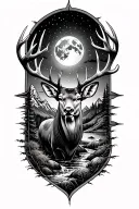 mountains with a stream, moonlight, torn u.s flag, big mule deer buck, and bold not all who wonder are lost compass  tattoo design idea