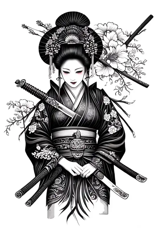Related geisha with katana and Japanese samurai tattoo design idea