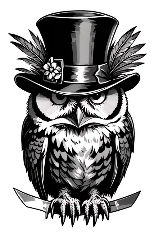 owl in top hat with blade feathers tattoo design idea