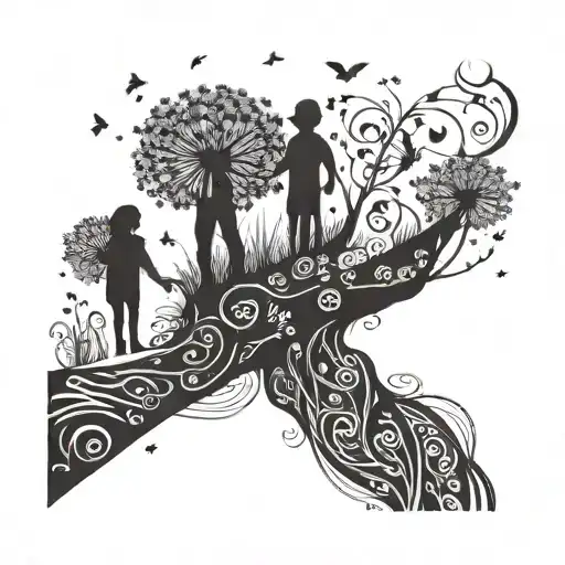 A silhouette of a father holding hands with his wife and two kids, with a wish dandelion floating above them tattoo design idea