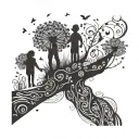 A silhouette of a father holding hands with his wife and two kids, with a wish dandelion floating above them tattoo design idea