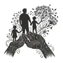 A silhouette of a father holding hands with his wife and two kids, with a wish dandelion floating above them tattoo design idea