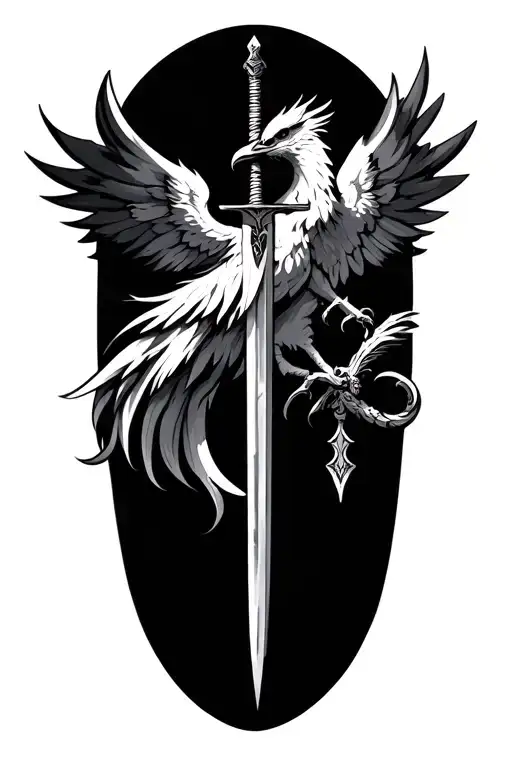 sword and a phoenix with discipline symbolism  tattoo design idea