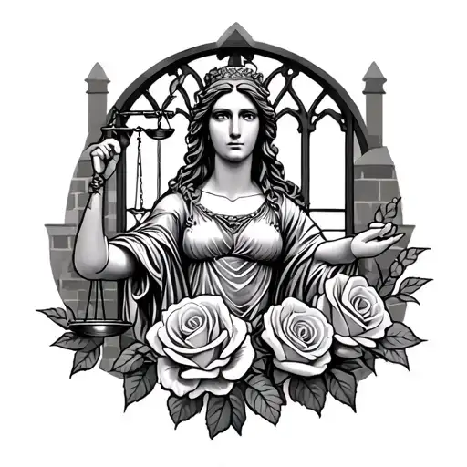 lady justice with church windows behind roses and craks  tattoo design idea