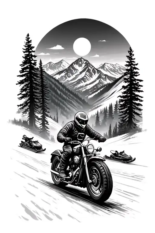 A black and grey tattoo of a Harley rider on a scenic mountain trail, with sleds and quads in the background tattoo design idea