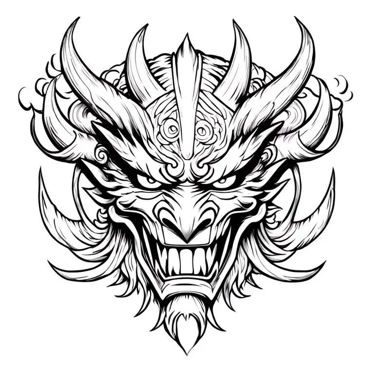 Japanese Oni demon mask, traditional, aggressive, front facing tattoo design idea