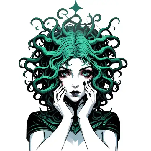 gothic medevial medusa holding the head tattoo design idea
