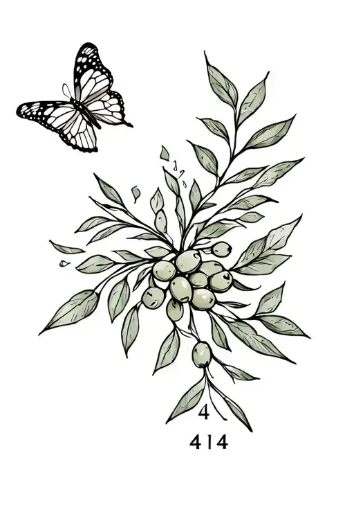 Patchwork tattoo featuring olive branches, butterfly and the numbers 444 tattoo design idea