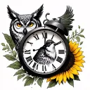 Clock with wolf inside owl mountain sandtimer waterfall sunflower Lancaster Robin bear tattoo design idea