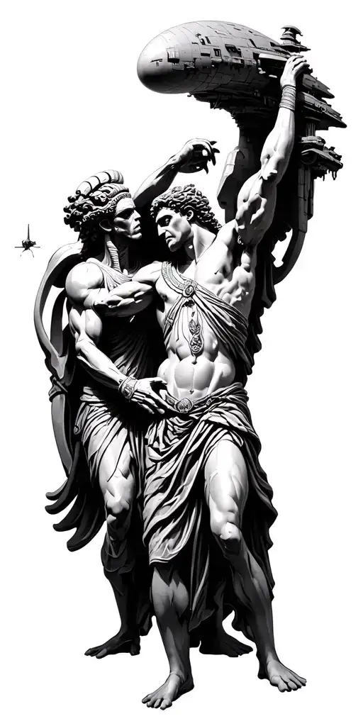 aliens and space ships fighting roman god statues tattoo design idea