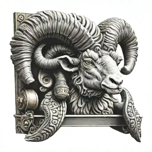  a ram tattoo on the fist. with a Pharoah head dress sitting on a throne. 3d sculpture looking  tattoo design idea