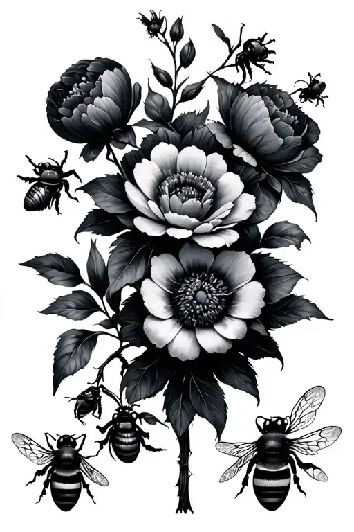 dark flowers, bees, weird creatures tattoo design idea