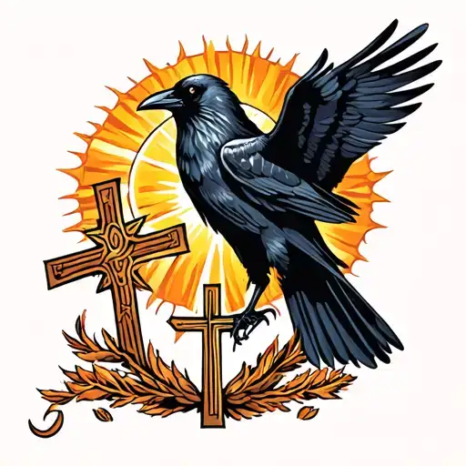 Crow outstretched in front of the blazing hot sun carrying the orthodox cross tattoo design idea