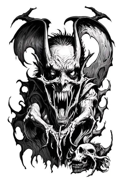 you need to draw a tattoo sketch of a sleeve from the shoulder to the wrist in the b&w horror style, you need to draw demons and closer to the cyst tattoo design idea