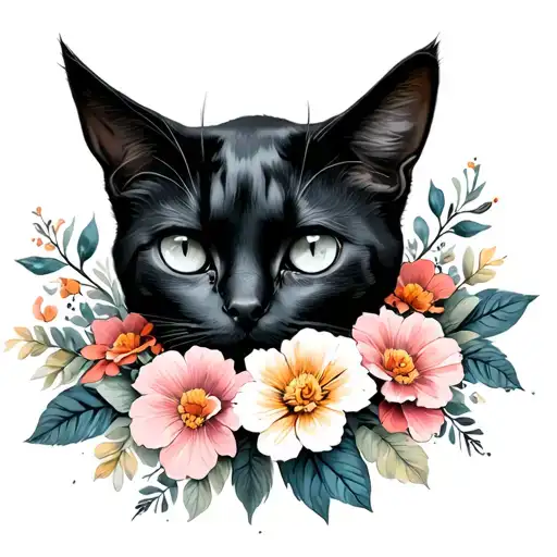 chat noir avec fleurs d'arome  tattoo design idea