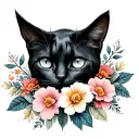 chat noir avec fleurs d'arome  tattoo design idea