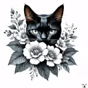 chat noir avec fleurs d'arome  tattoo design idea