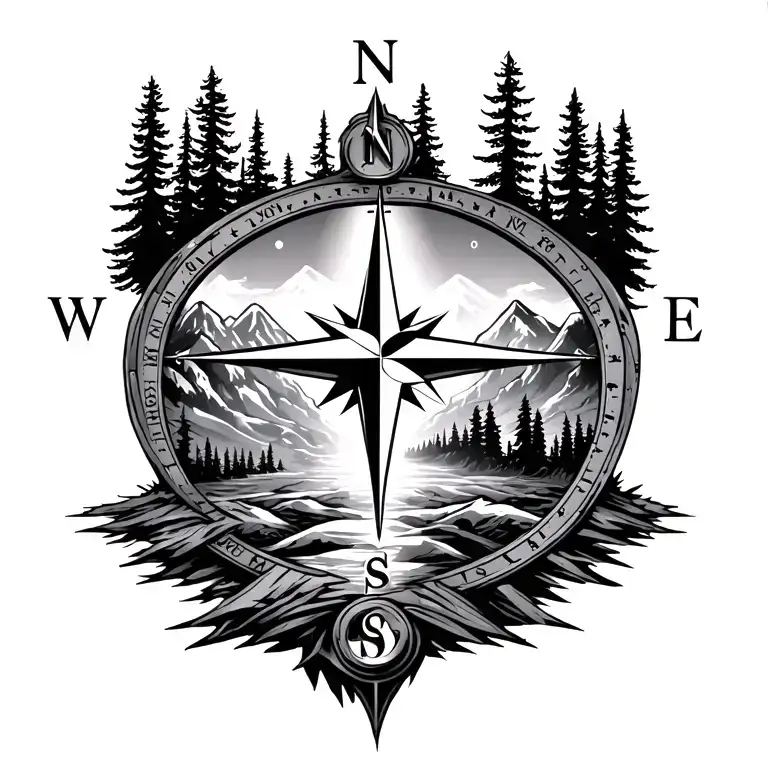 change the compass rose. add mountains behind the trees tattoo design idea