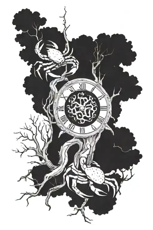 tree with zodiac crab mixed and clock hands pointing to 3 and 6 tattoo design idea